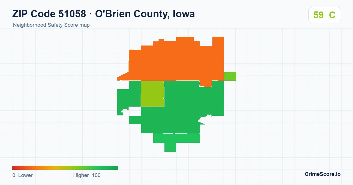 ZIP Code 51058 in O'Brien County, Iowa neighborhood Safety Score map