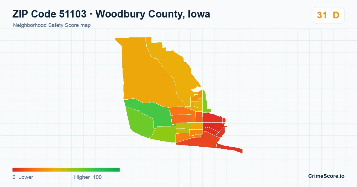 ZIP Code 51103 in Woodbury County, Iowa neighborhood Safety Score map