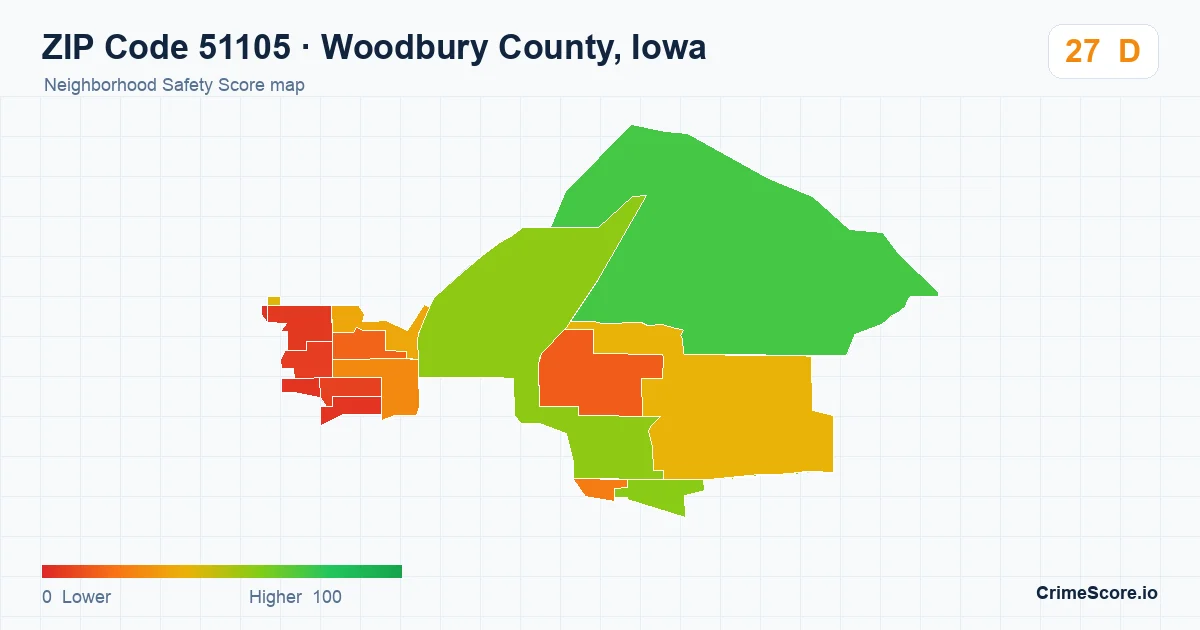 ZIP Code 51105 in Woodbury County, Iowa neighborhood Safety Score map