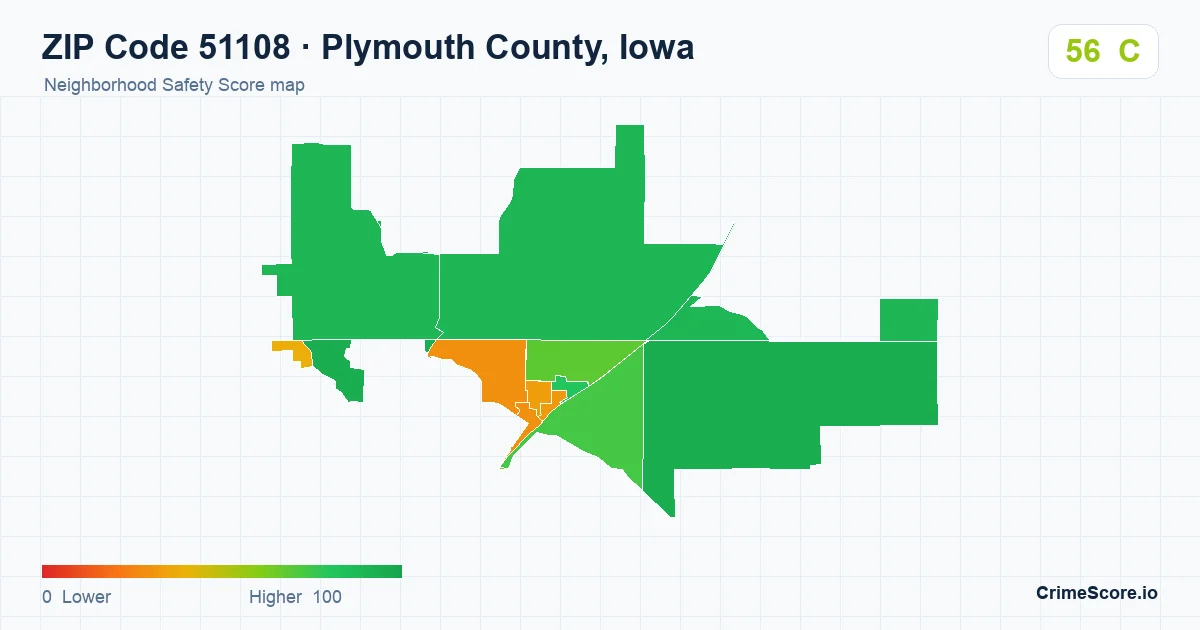 ZIP Code 51108 in Plymouth County, Iowa neighborhood Safety Score map