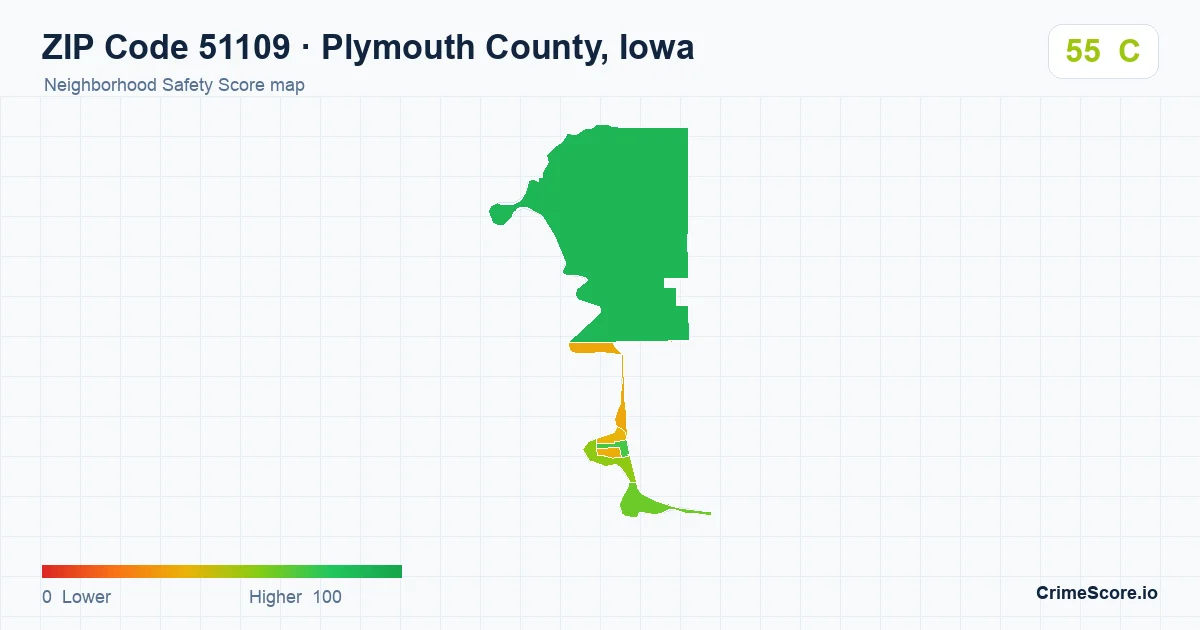 ZIP Code 51109 in Plymouth County, Iowa neighborhood Safety Score map