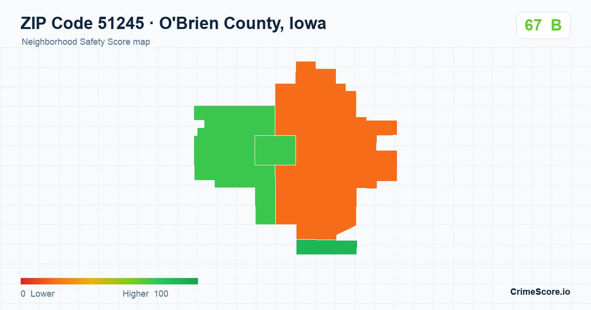 ZIP Code 51245 in O'Brien County, Iowa neighborhood Safety Score map