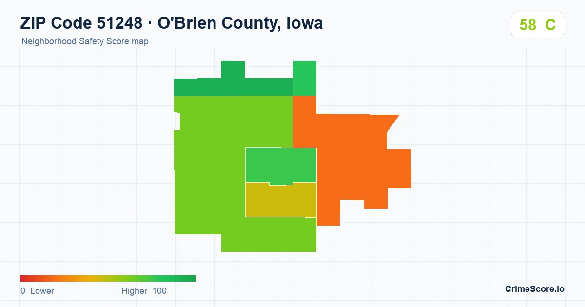 ZIP Code 51248 in O'Brien County, Iowa neighborhood Safety Score map