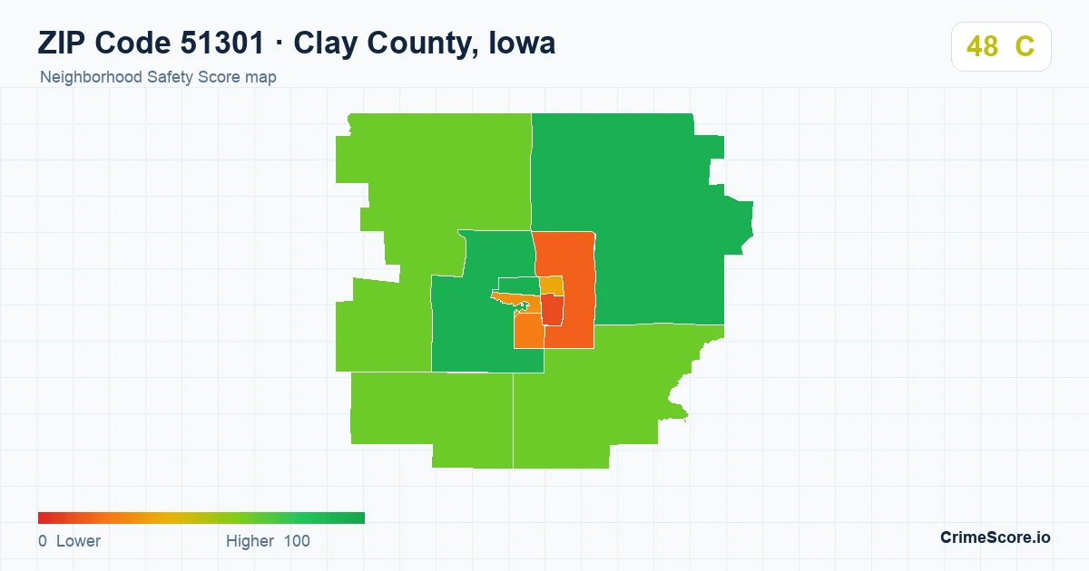ZIP Code 51301 in Clay County, Iowa neighborhood Safety Score map