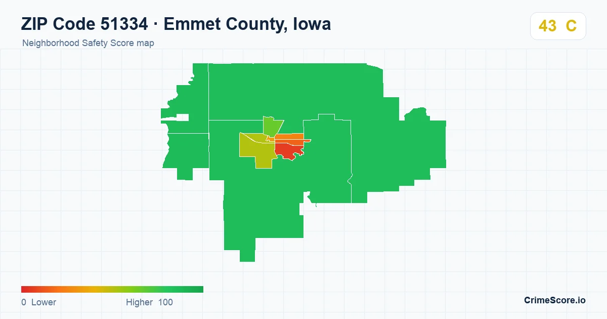 ZIP Code 51334 in Emmet County, Iowa neighborhood Safety Score map