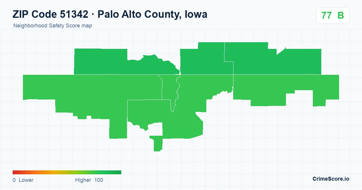 ZIP Code 51342 in Palo Alto County, Iowa neighborhood Safety Score map