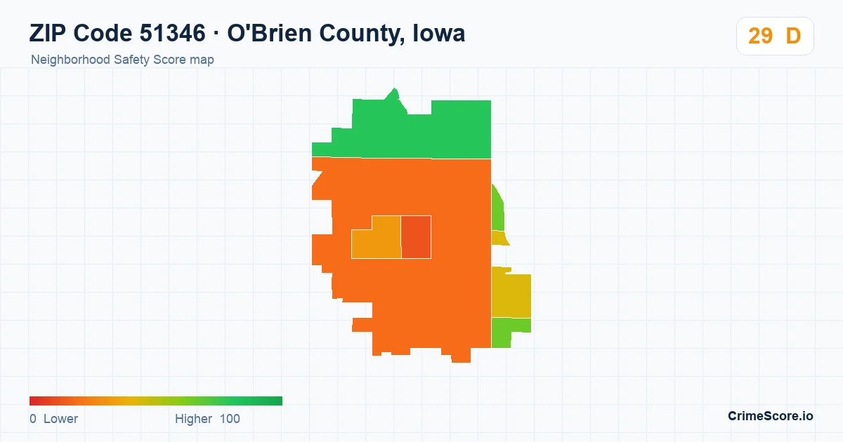 ZIP Code 51346 in O'Brien County, Iowa neighborhood Safety Score map