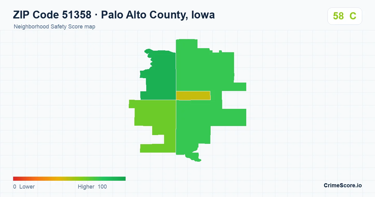 ZIP Code 51358 in Palo Alto County, Iowa neighborhood Safety Score map