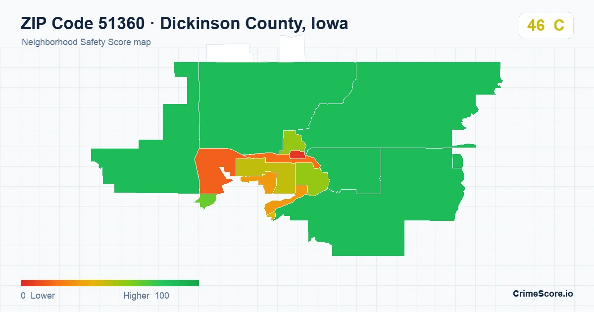 ZIP Code 51360 in Dickinson County, Iowa neighborhood Safety Score map