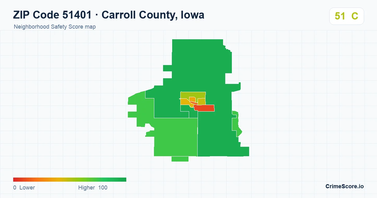 ZIP Code 51401 in Carroll County, Iowa neighborhood Safety Score map