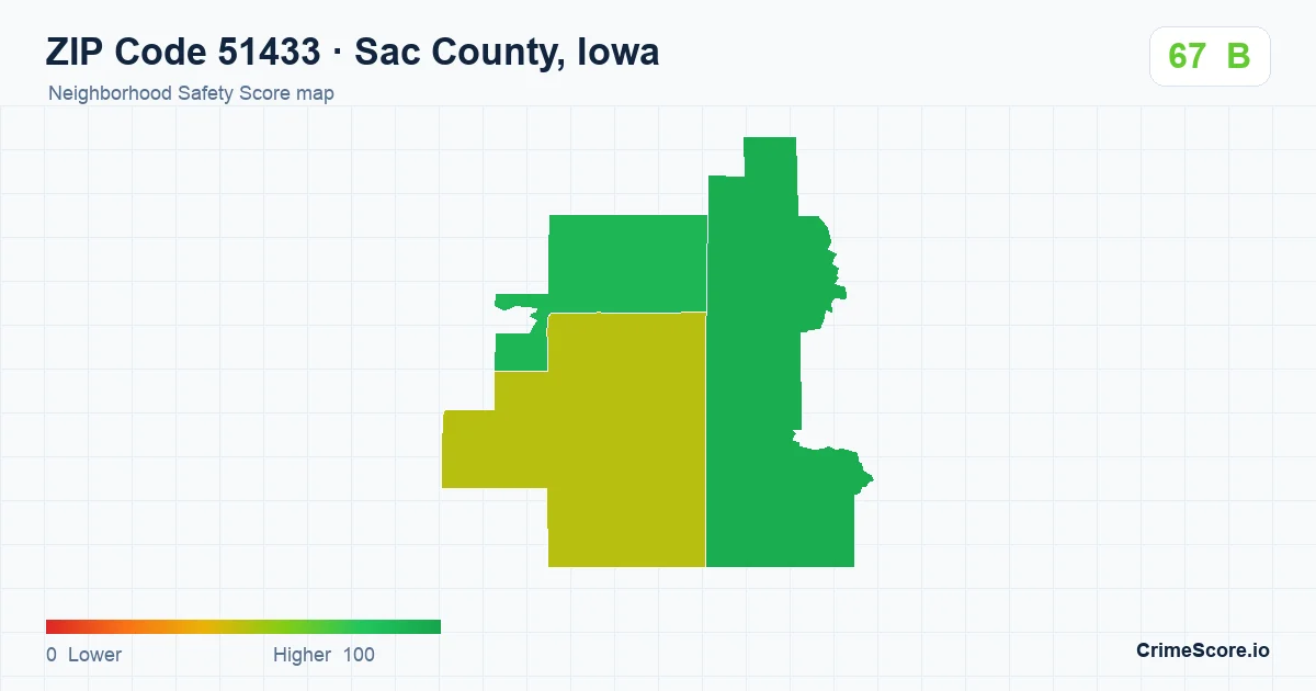 ZIP Code 51433 in Sac County, Iowa neighborhood Safety Score map