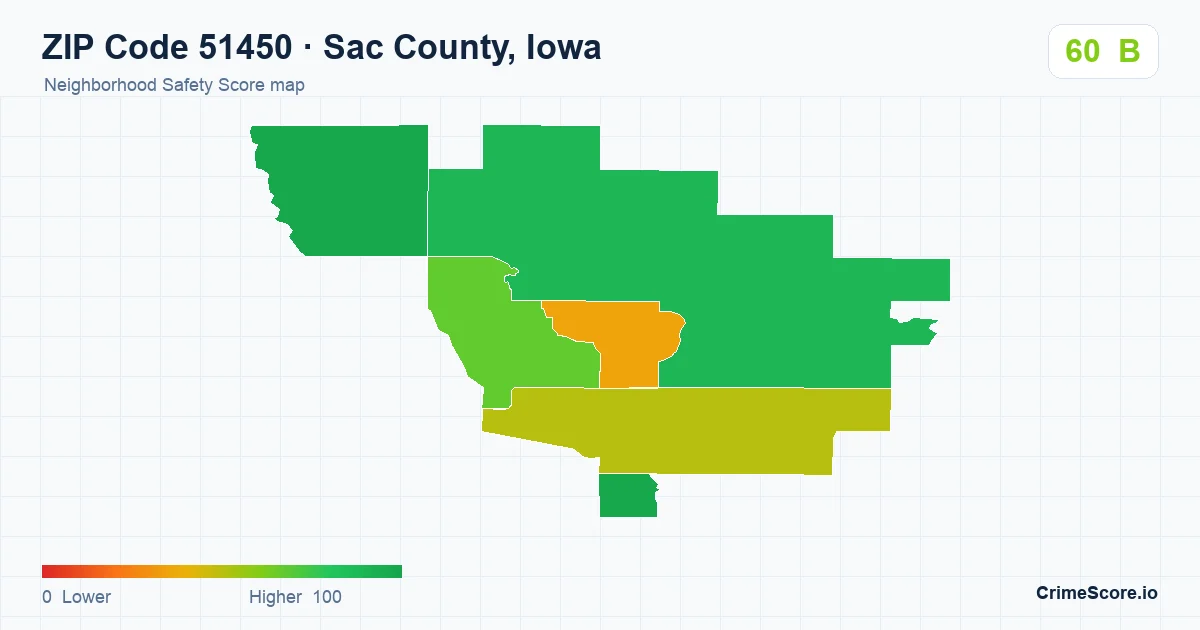 ZIP Code 51450 in Sac County, Iowa neighborhood Safety Score map