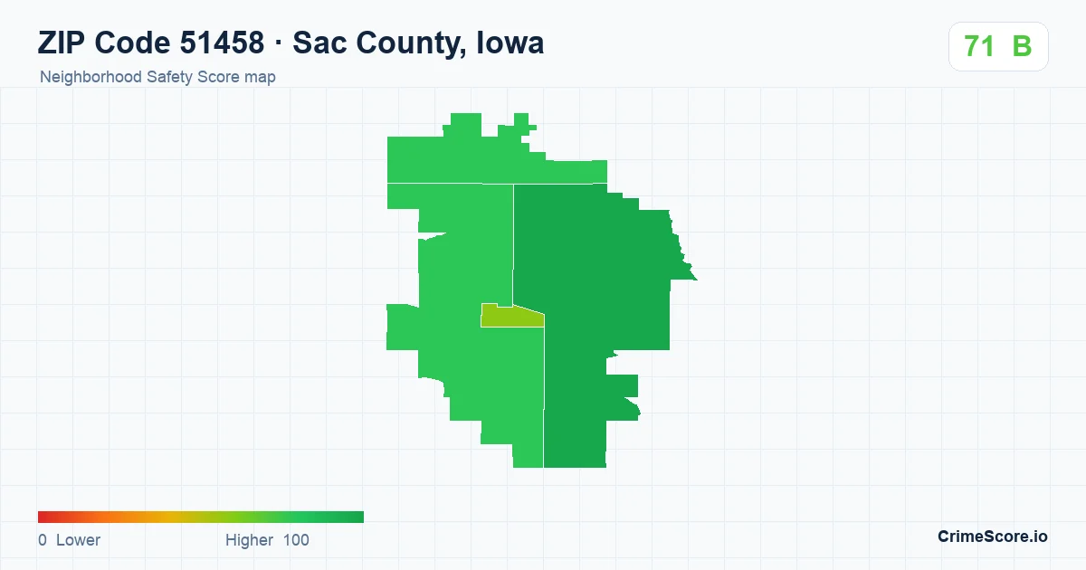 ZIP Code 51458 in Sac County, Iowa neighborhood Safety Score map