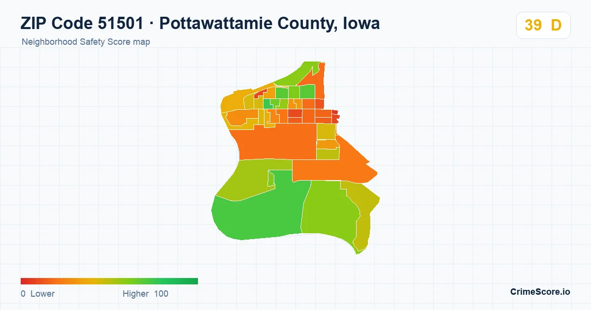 ZIP Code 51501 in Pottawattamie County, Iowa neighborhood Safety Score map
