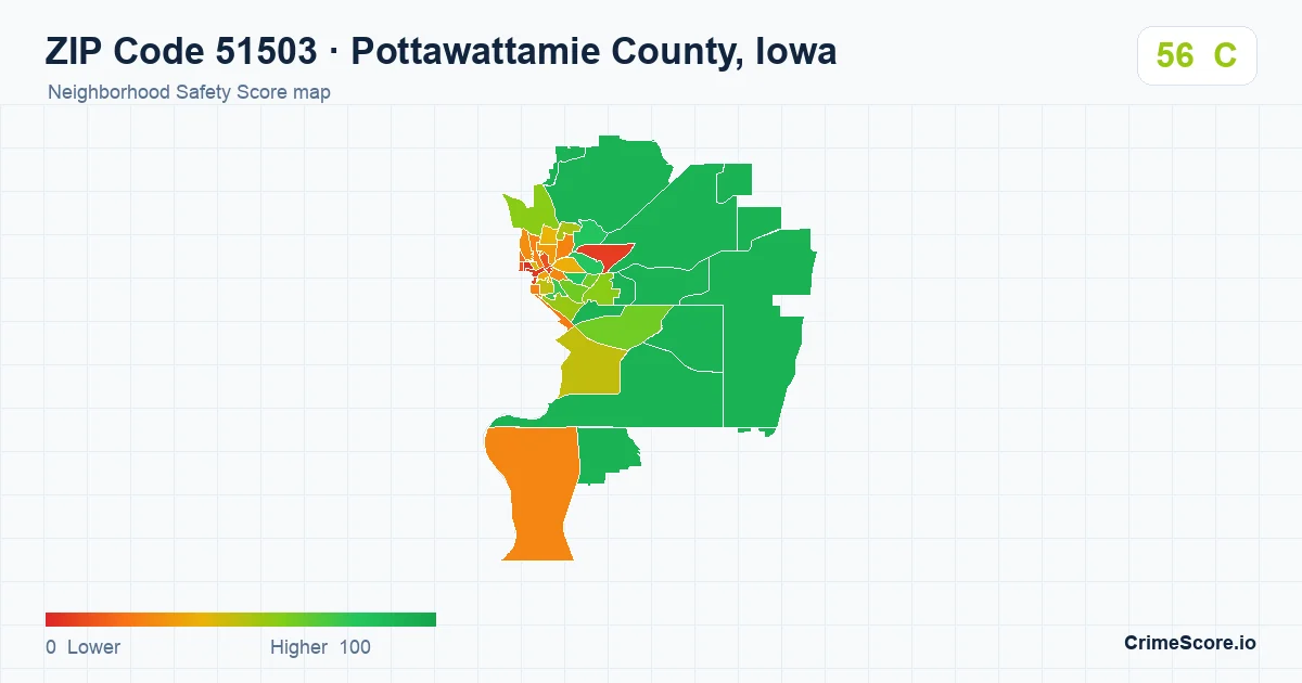 ZIP Code 51503 in Pottawattamie County, Iowa neighborhood Safety Score map