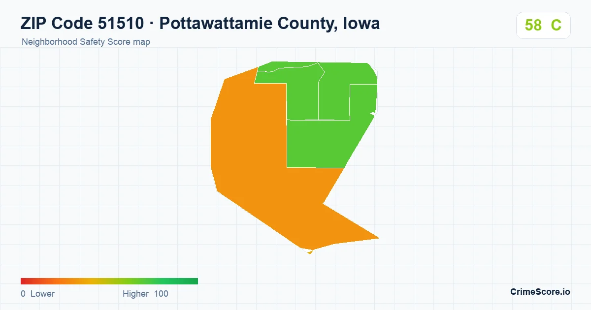 ZIP Code 51510 in Pottawattamie County, Iowa neighborhood Safety Score map