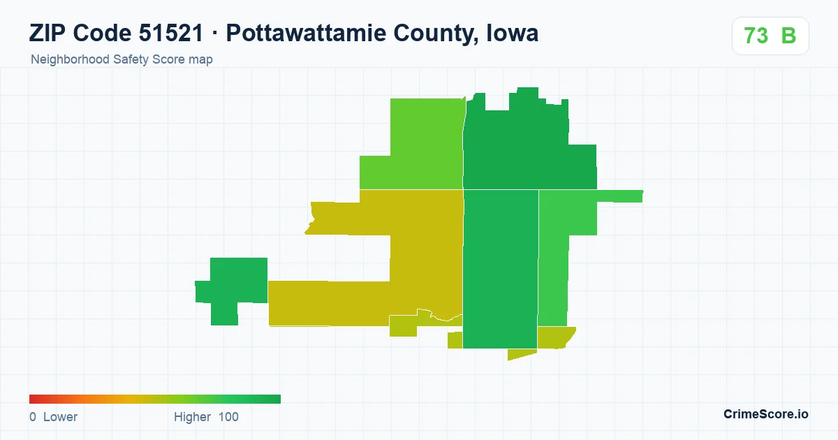 ZIP Code 51521 in Pottawattamie County, Iowa neighborhood Safety Score map
