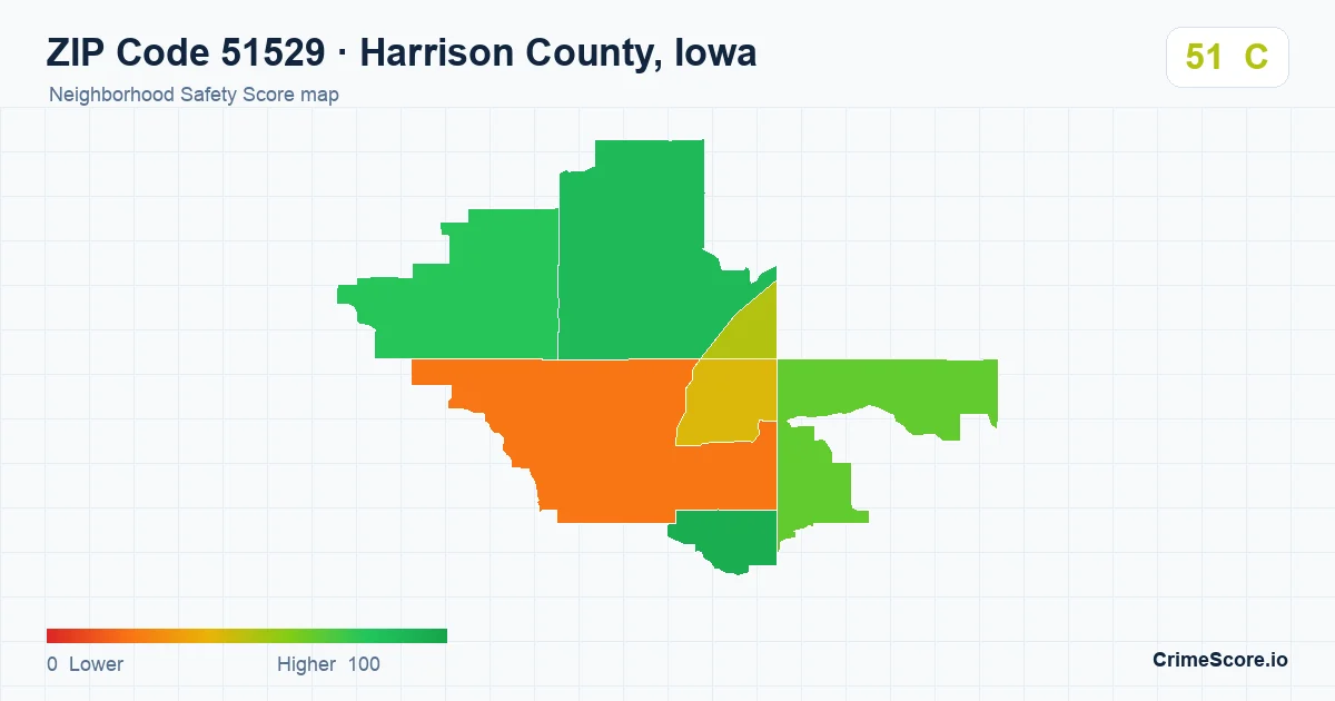 ZIP Code 51529 in Harrison County, Iowa neighborhood Safety Score map