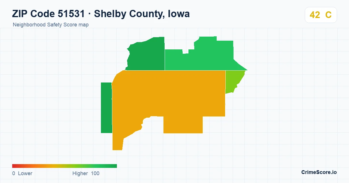 ZIP Code 51531 in Shelby County, Iowa neighborhood Safety Score map