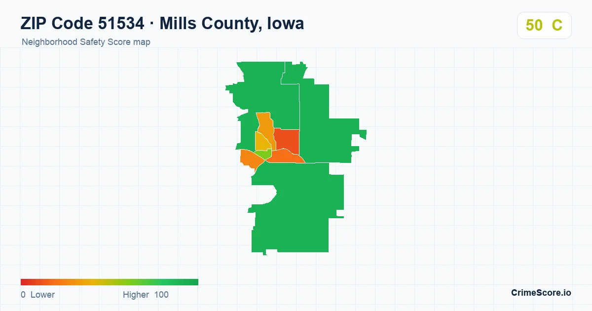 ZIP Code 51534 in Mills County, Iowa neighborhood Safety Score map