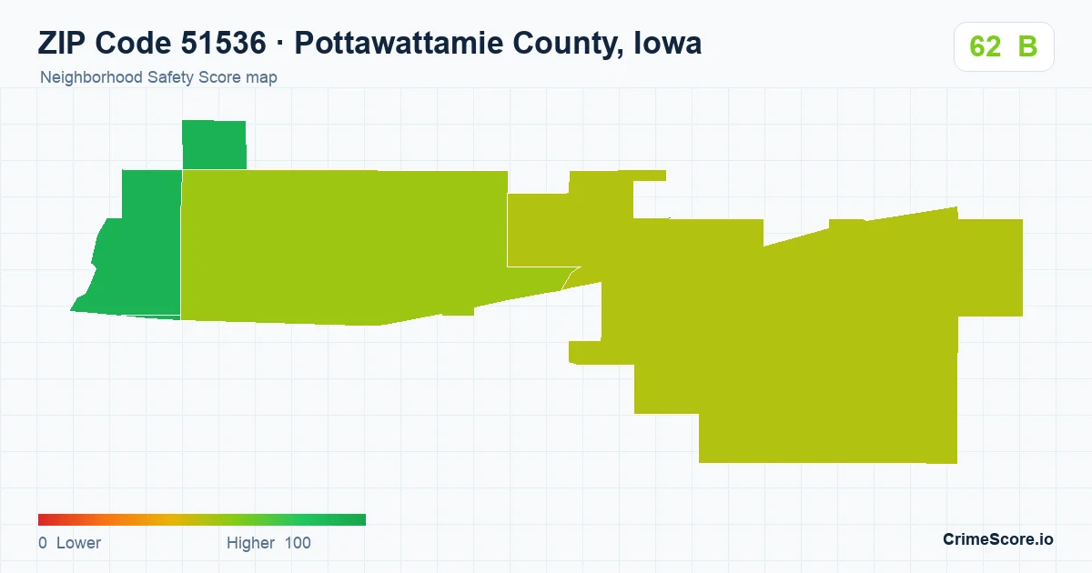 ZIP Code 51536 in Pottawattamie County, Iowa neighborhood Safety Score map
