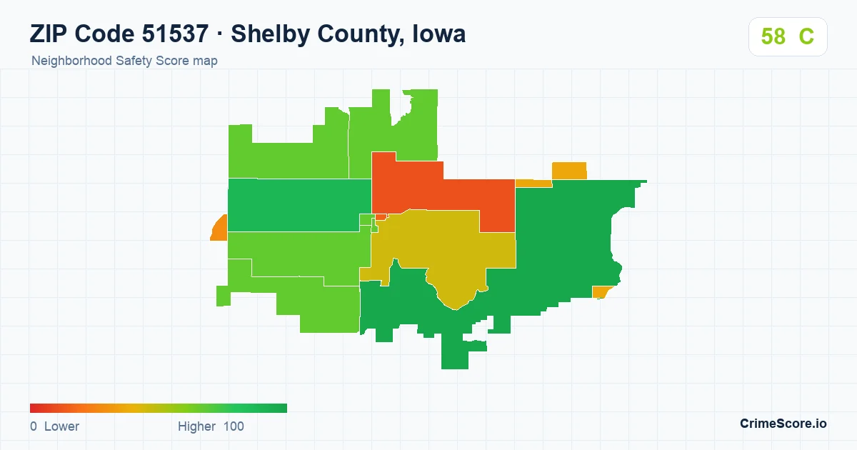 ZIP Code 51537 in Shelby County, Iowa neighborhood Safety Score map
