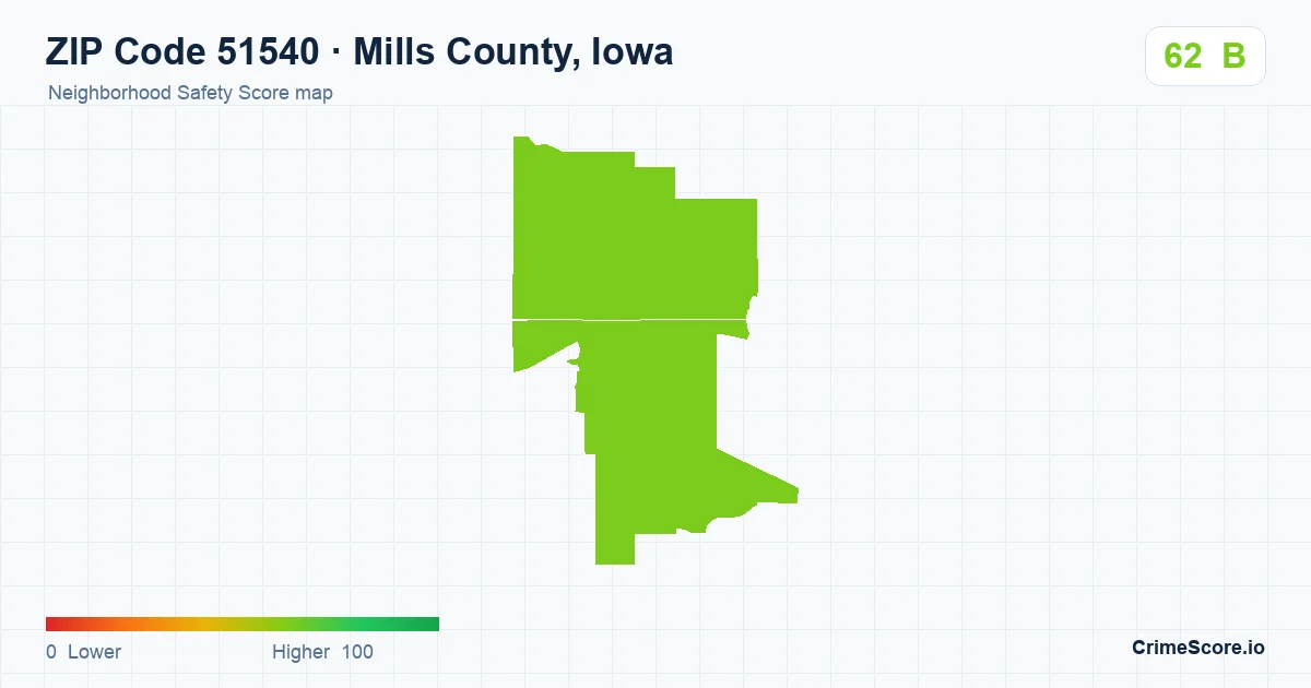 ZIP Code 51540 in Mills County, Iowa neighborhood Safety Score map