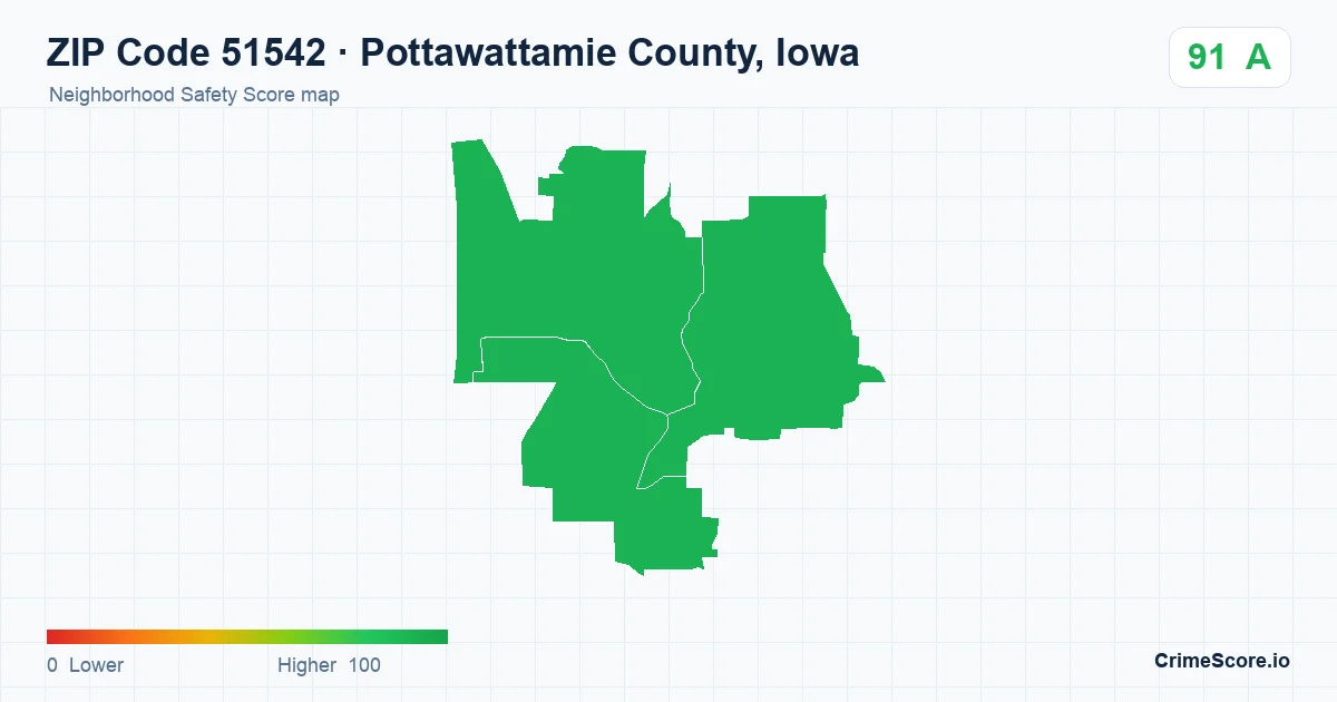 ZIP Code 51542 in Pottawattamie County, Iowa neighborhood Safety Score map