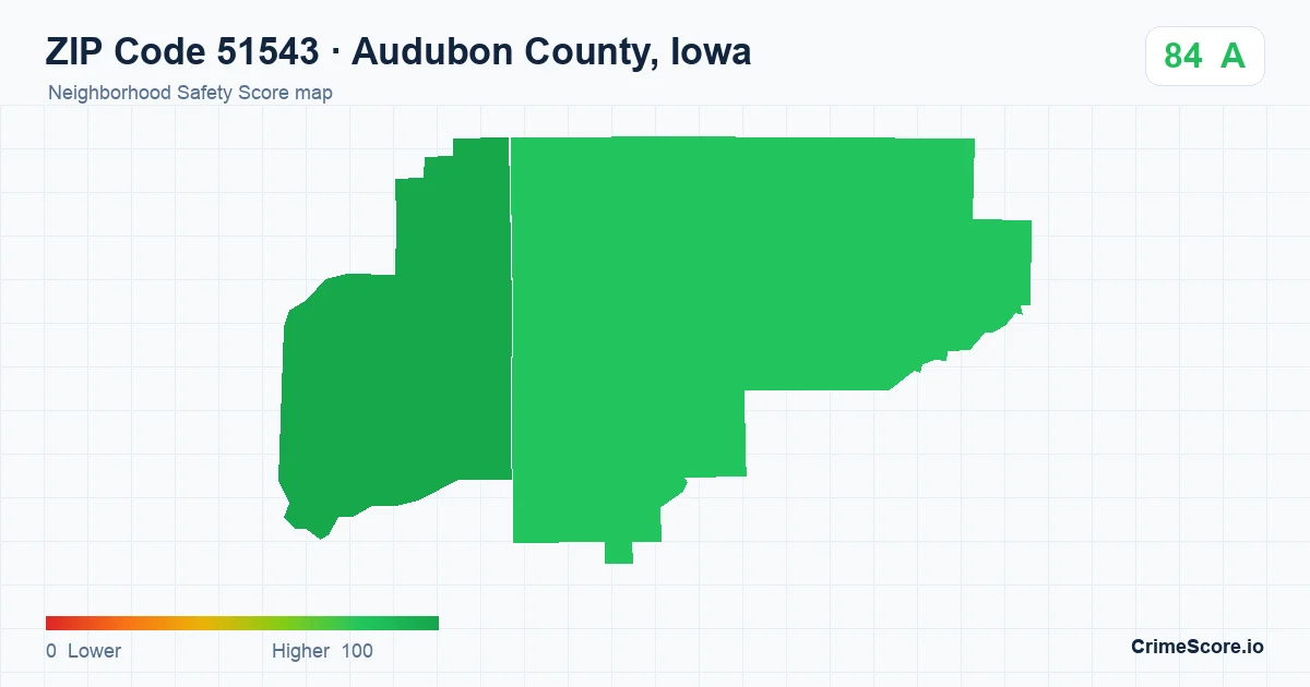 ZIP Code 51543 in Audubon County, Iowa neighborhood Safety Score map