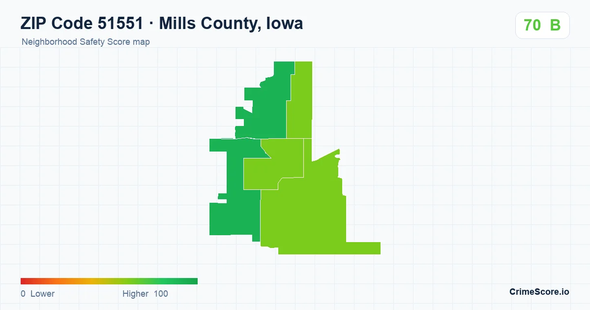 ZIP Code 51551 in Mills County, Iowa neighborhood Safety Score map