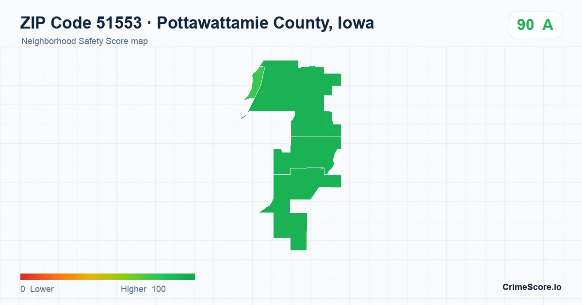 ZIP Code 51553 in Pottawattamie County, Iowa neighborhood Safety Score map