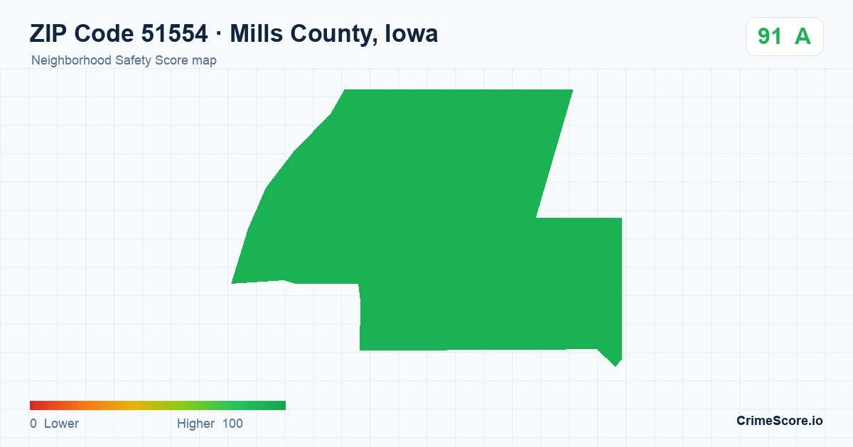 ZIP Code 51554 in Mills County, Iowa neighborhood Safety Score map