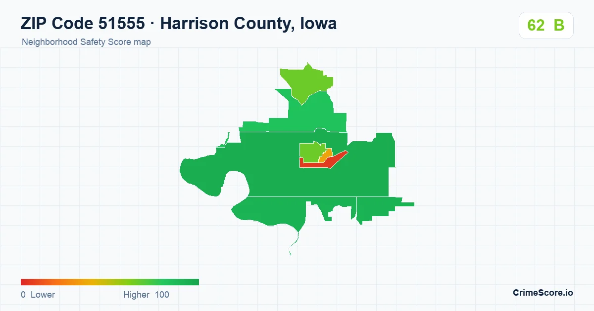 ZIP Code 51555 in Harrison County, Iowa neighborhood Safety Score map
