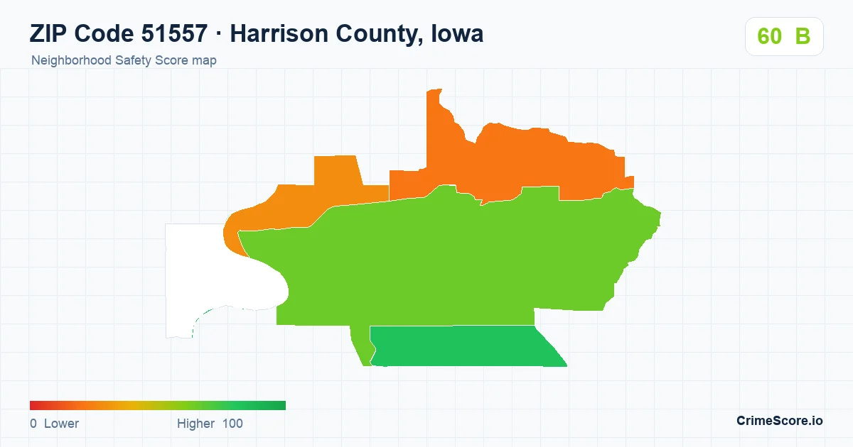 ZIP Code 51557 in Harrison County, Iowa neighborhood Safety Score map