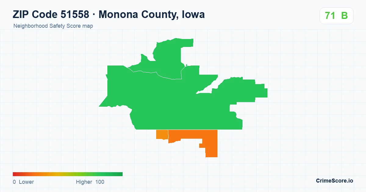 ZIP Code 51558 in Monona County, Iowa neighborhood Safety Score map