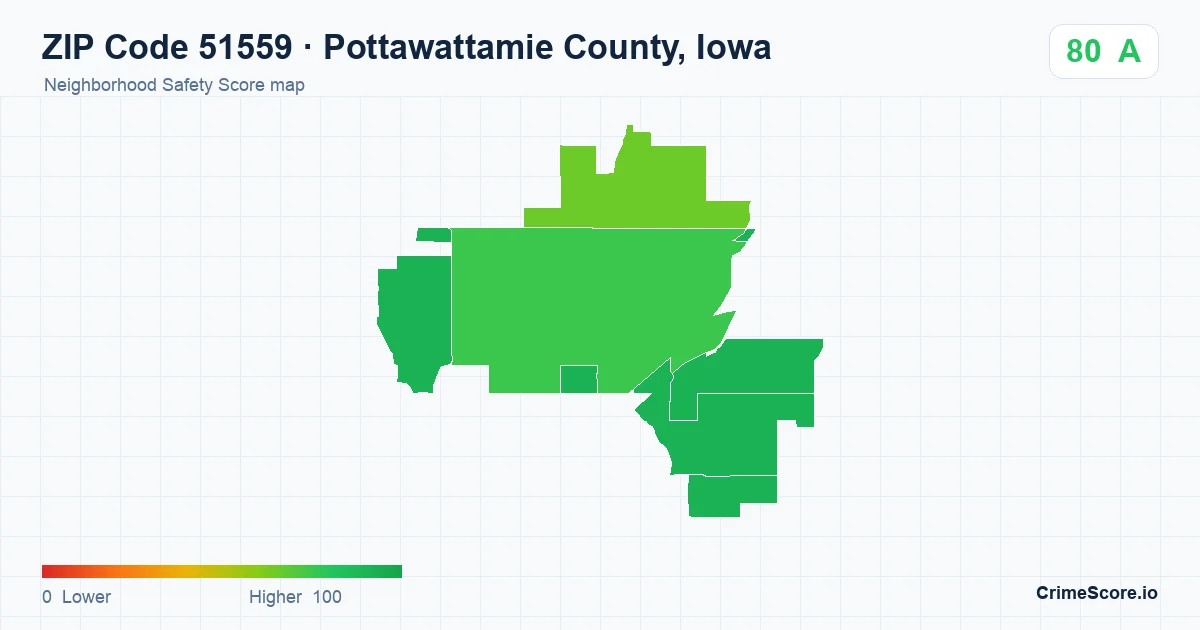 ZIP Code 51559 in Pottawattamie County, Iowa neighborhood Safety Score map