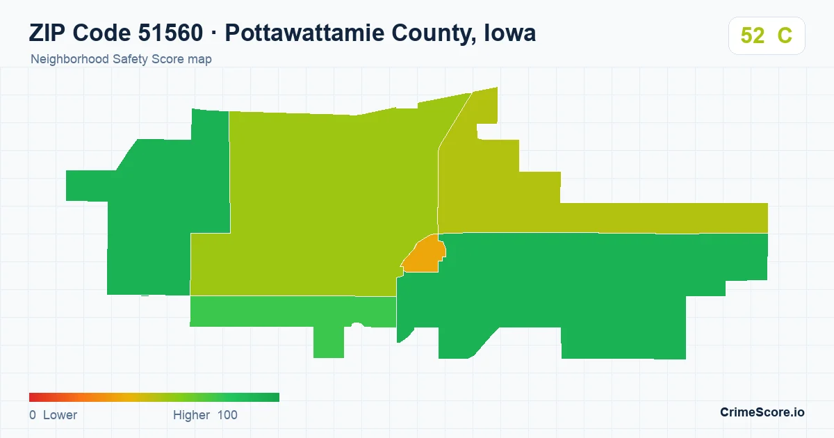 ZIP Code 51560 in Pottawattamie County, Iowa neighborhood Safety Score map