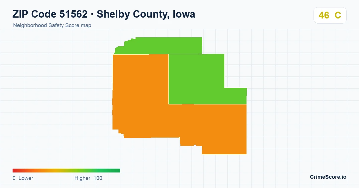 ZIP Code 51562 in Shelby County, Iowa neighborhood Safety Score map