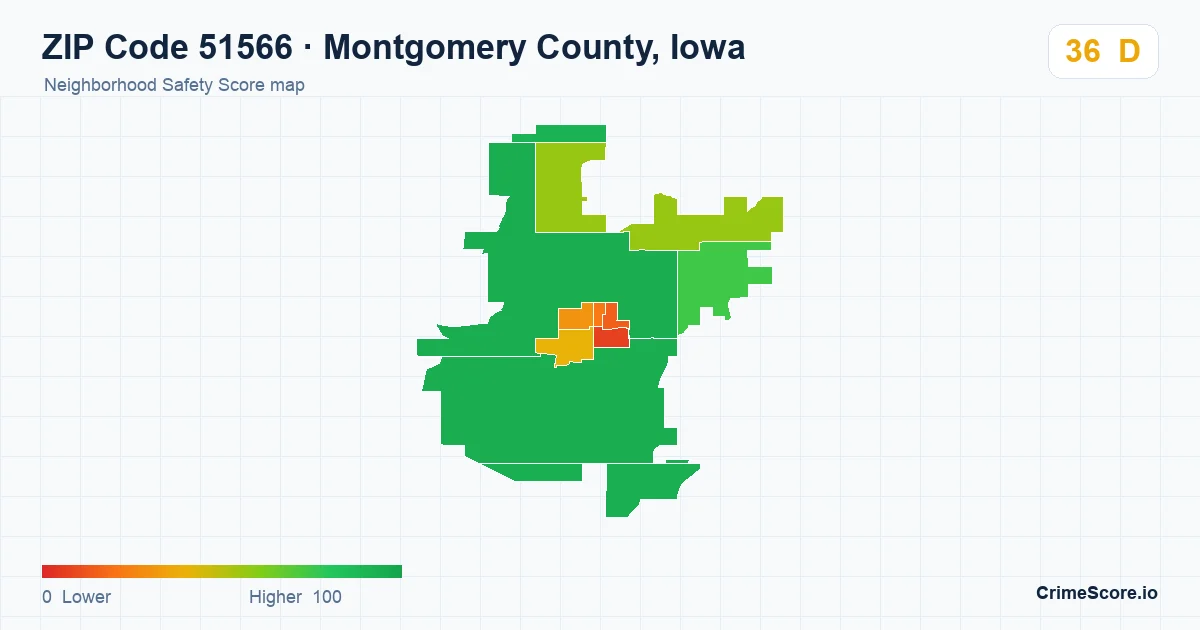 ZIP Code 51566 in Montgomery County, Iowa neighborhood Safety Score map