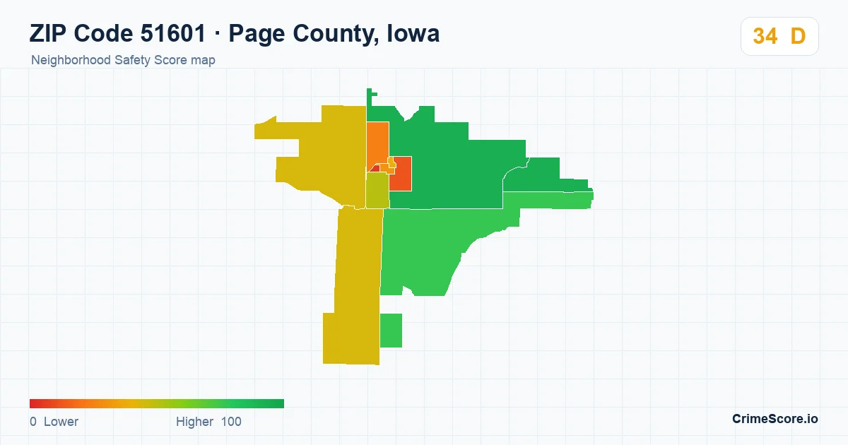 ZIP Code 51601 in Page County, Iowa neighborhood Safety Score map