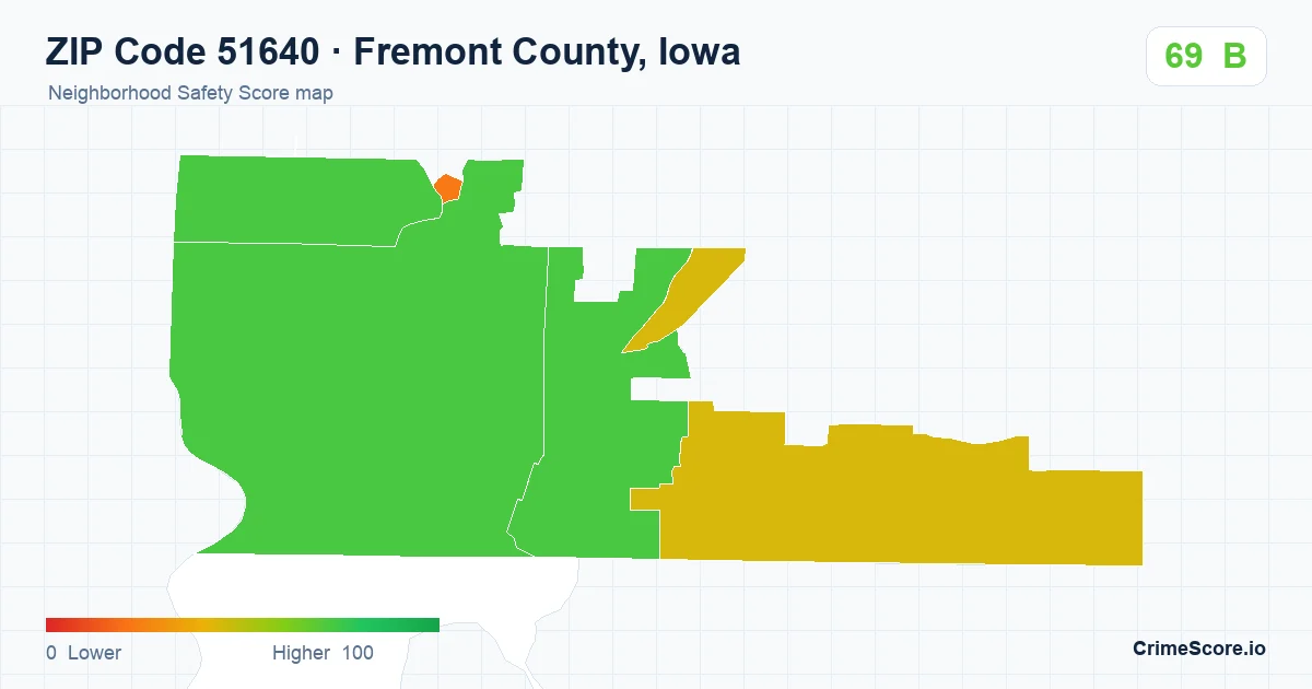 ZIP Code 51640 in Fremont County, Iowa neighborhood Safety Score map