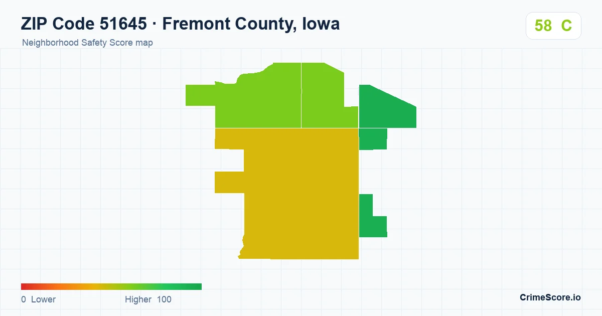 ZIP Code 51645 in Fremont County, Iowa neighborhood Safety Score map