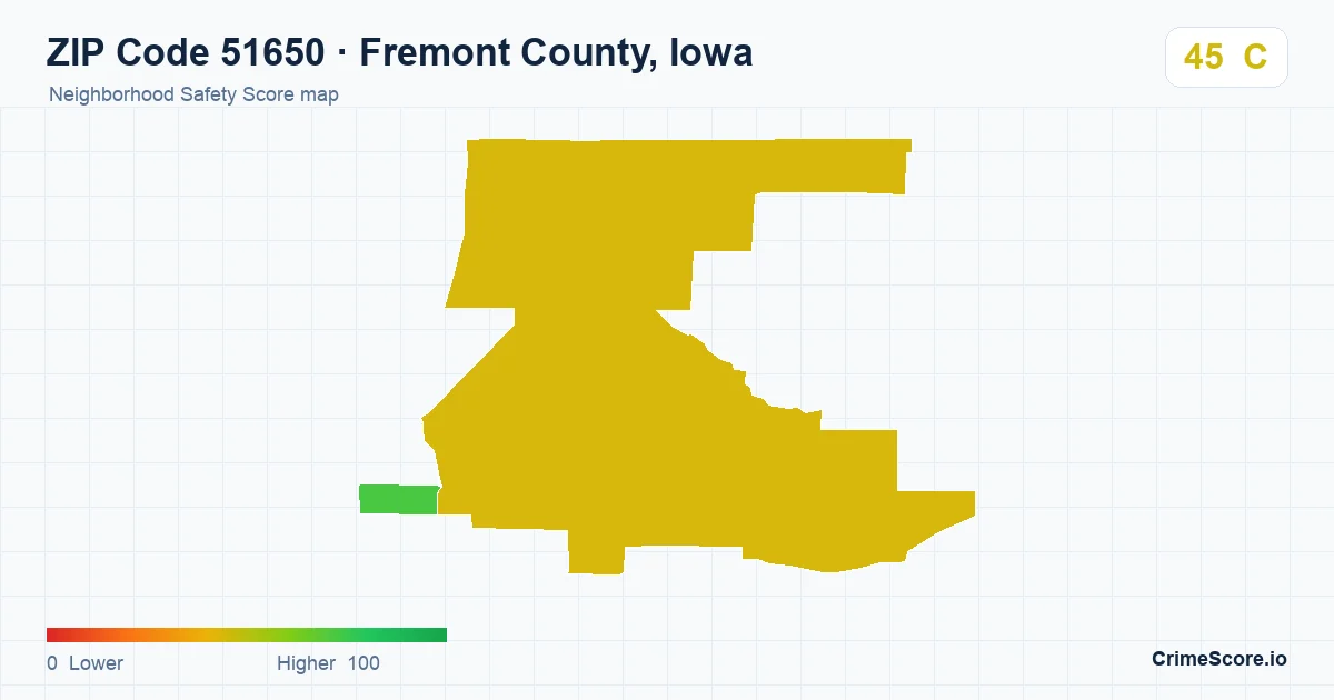 ZIP Code 51650 in Fremont County, Iowa neighborhood Safety Score map