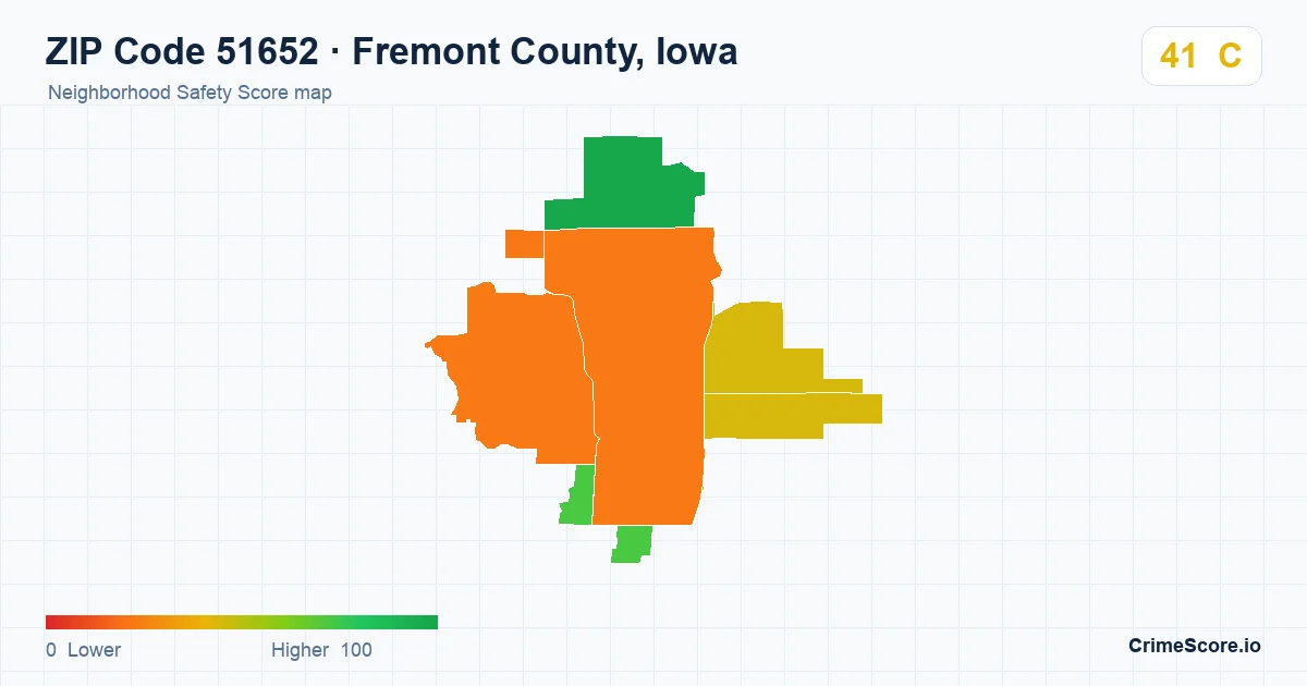 ZIP Code 51652 in Fremont County, Iowa neighborhood Safety Score map