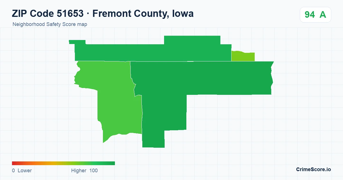 ZIP Code 51653 in Fremont County, Iowa neighborhood Safety Score map