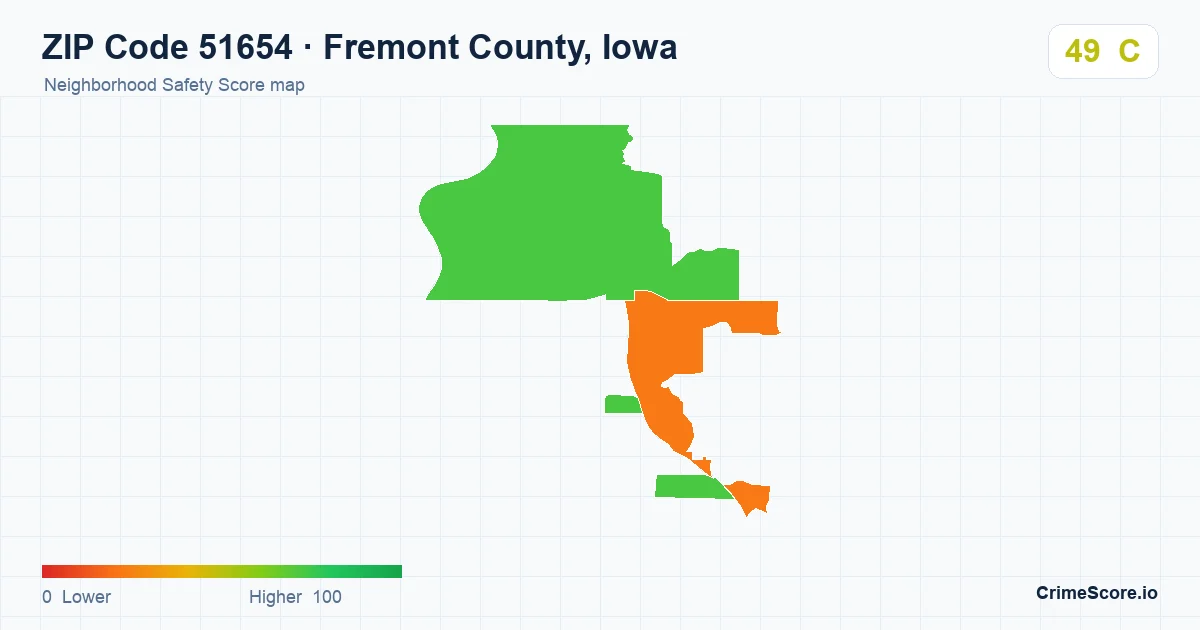 ZIP Code 51654 in Fremont County, Iowa neighborhood Safety Score map