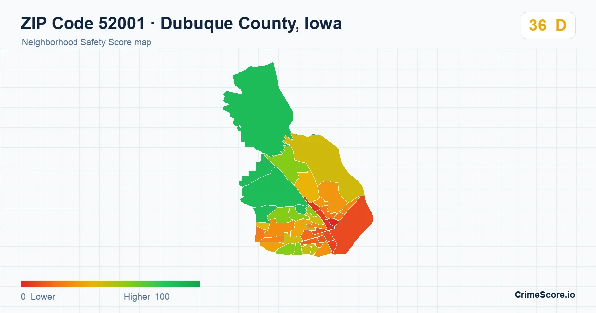 ZIP Code 52001 in Dubuque County, Iowa neighborhood Safety Score map