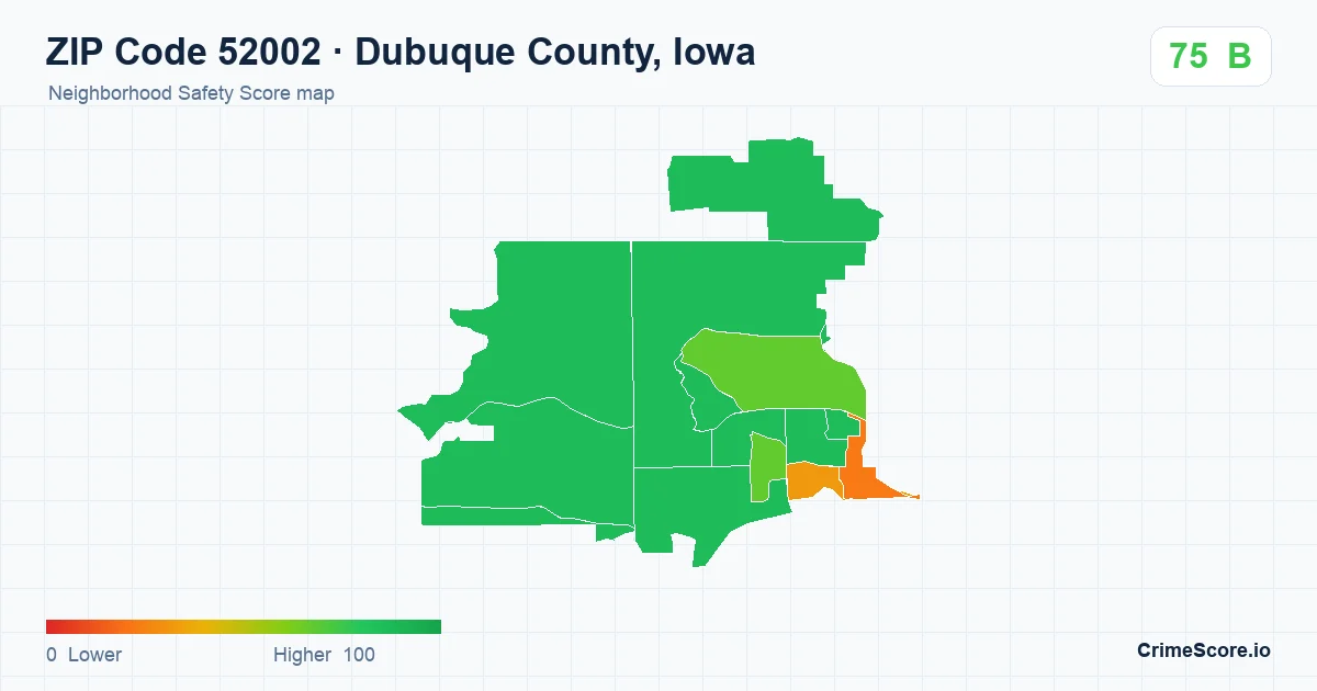 ZIP Code 52002 in Dubuque County, Iowa neighborhood Safety Score map