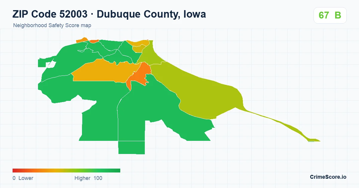 ZIP Code 52003 in Dubuque County, Iowa neighborhood Safety Score map