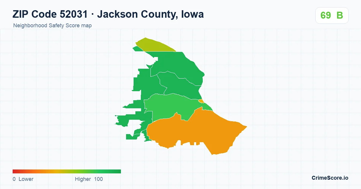 ZIP Code 52031 in Jackson County, Iowa neighborhood Safety Score map